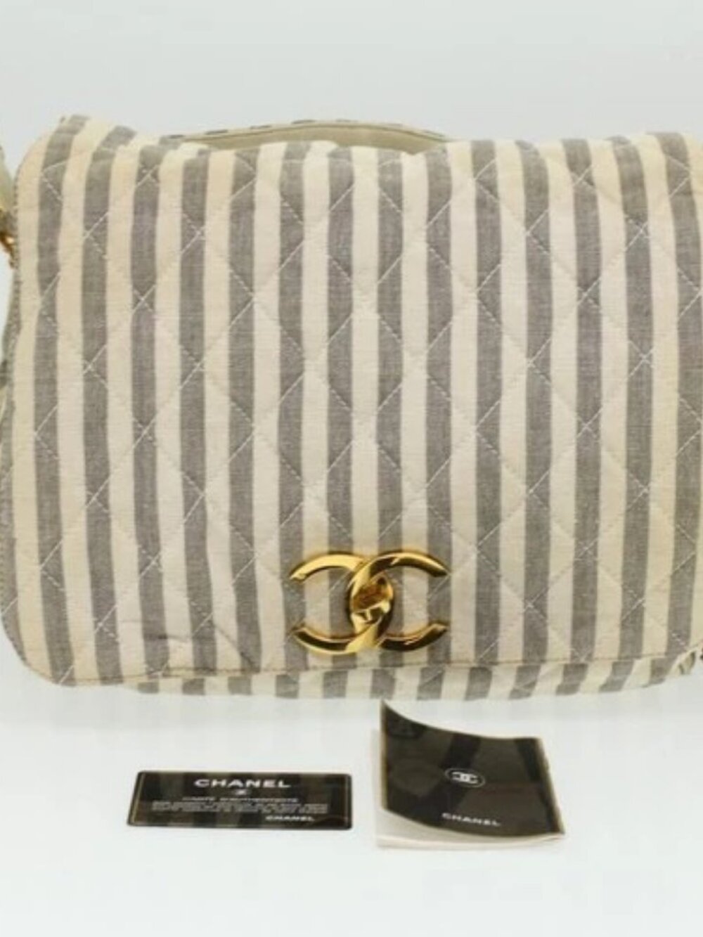 CHANEL Striped Matelasse Chain Shoulder Bag Canvas White Gray CC Auth bs3642 - Picture 12 of 16